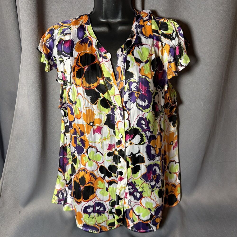 Cooper & Ella Floral Print BlouseTop Multicolor Cap Sleeve V-Neck Size Large-210